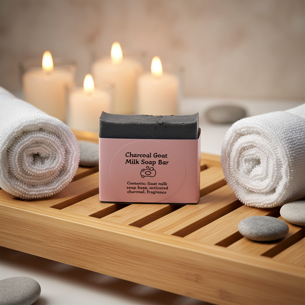 Charcoal Goat Milk Soap Bar in spa setting with wooden tray and towels