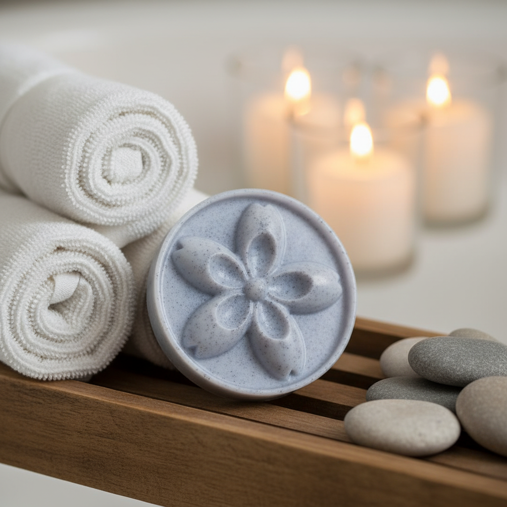 Round Goat Milk Flower Soap in spa setting