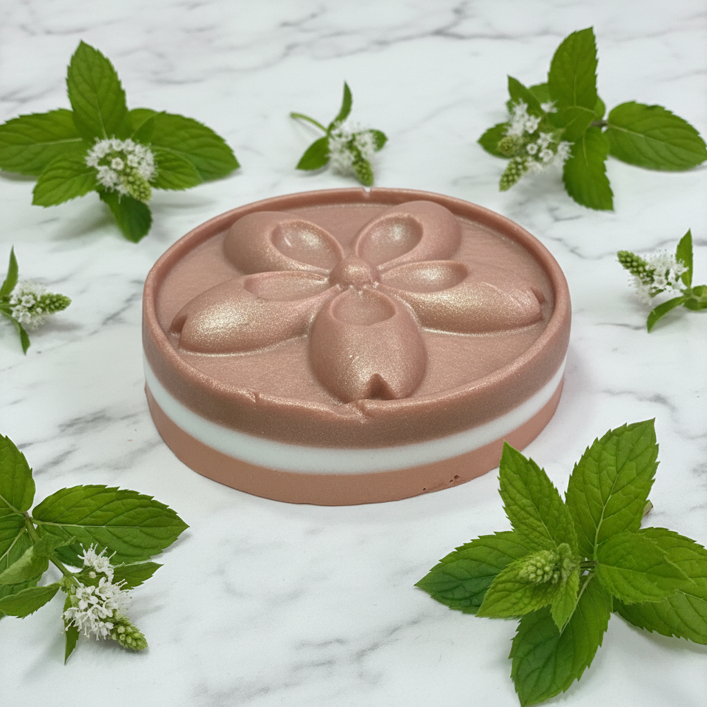 Peppermint Layered Soap on marble with botanicals